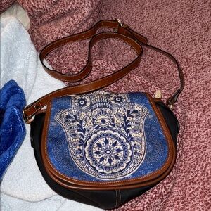 Ethnic Blue and Brown Crossbody Bag with Hamsa Design